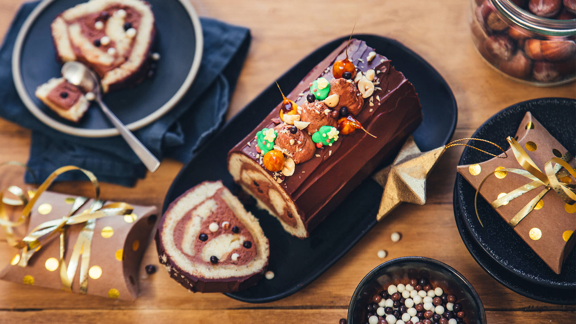 Chocolade-hazelnoot kerststronk